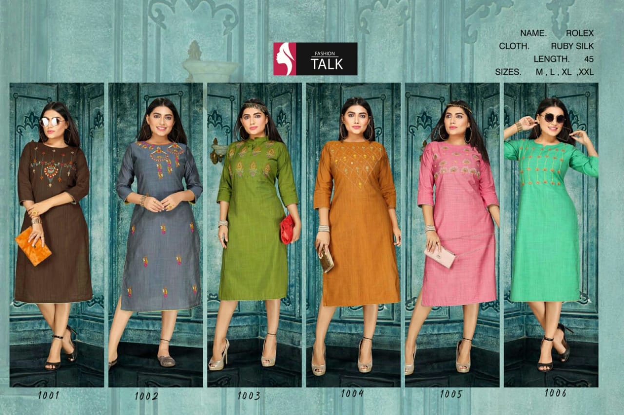 Ft Rolex Latest Fancy Designer Embroidery Work Silk Designer Kurtis Collection

